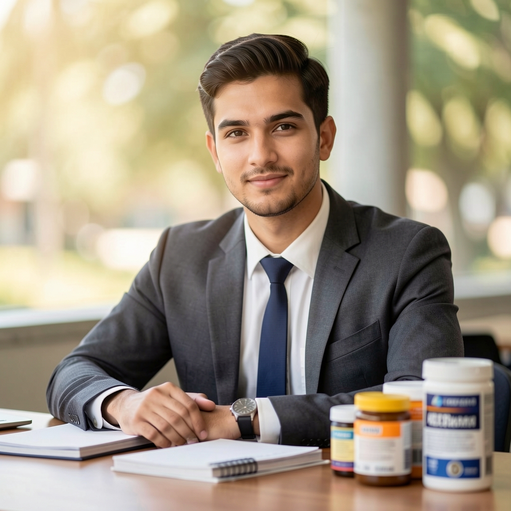 Editorial portrait of Marcus Chen, founding editor of Ebalon Journal, soft natural light, relaxed composition at a desk with notebooks and supplement containers