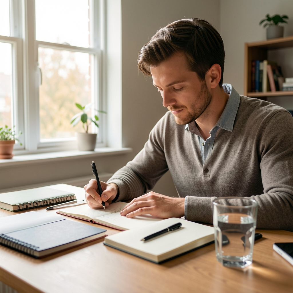 Man journalling at a desk in natural light, notebooks and a glass of water in frame, morning workspace composition
