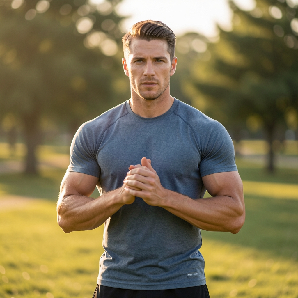 Active man in morning outdoor setting, early light, exercise routine composition