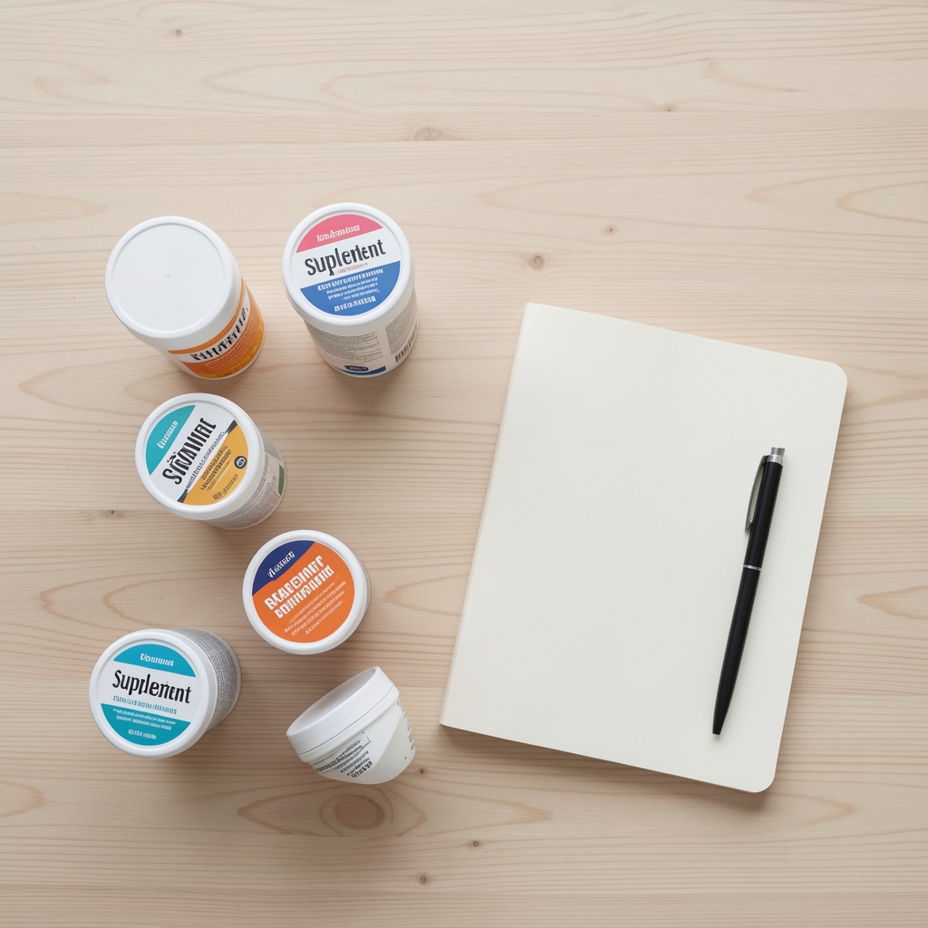 Editorial flat lay of supplement containers and a notebook on a light wooden surface, overhead composition